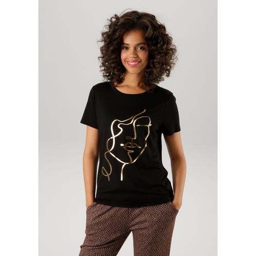 T-Shirt ANISTON CASUAL Gr. 36, goldfarben (schwarz-goldfarben) Damen Shirts mit abstraktem Gesicht aus glänzendem Folienprint