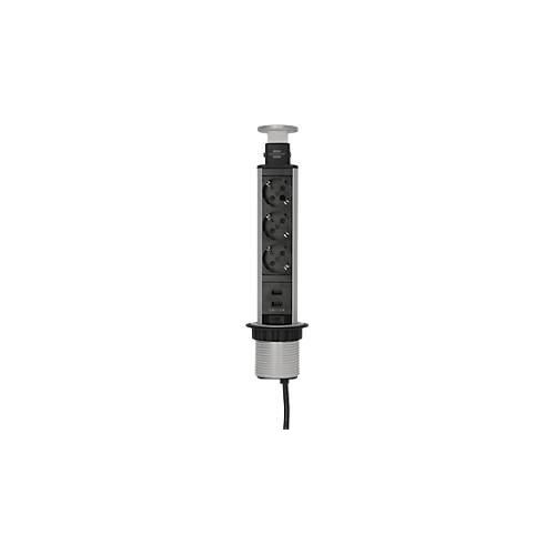 Brennenstuhl Tower Power Alu-Tischsteckdosenleiste, 3 Schutzkontaktstecker in 45°-Anordnung, 2 USB Stecker, versenkbar, 2 m Kabel, L 335 x B 85 x T 120 mm, silber/schwarz