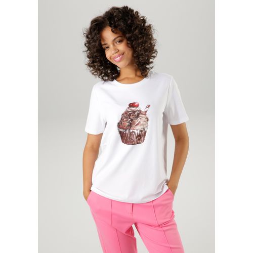 T-Shirt ANISTON CASUAL Gr. 48/50, weiß (weiß, braun, beige, rot) Damen Shirts mit Glitzersteinchen verzierter Cupcake-Frontdruck