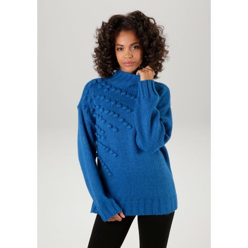 Strickpullover ANISTON CASUAL, Damen, Gr. 44, blau (petrolblau), Grobstrick, Obermaterial: 70% Polyacryl, 28% Polyester, 2% Polyamid, meliert, modisch, lässig geschnitten hüftbedeckend, Langarm Rippstrickbündchen, Pullover Grobstrickpullover, mit eingestrickten, kleinen Bommeln