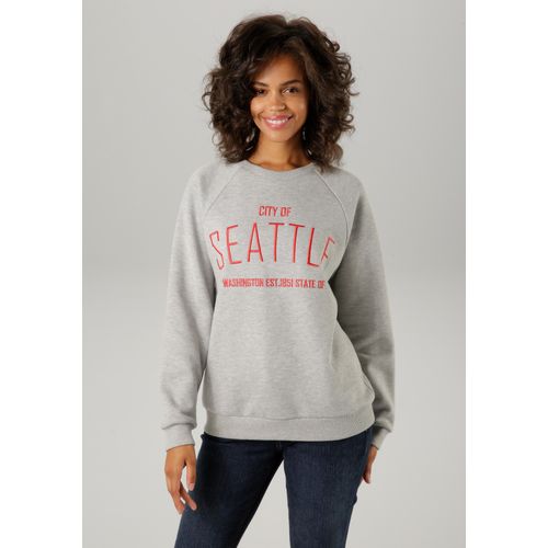 Sweatshirt ANISTON CASUAL Gr. 36, grau (hellgraumeliert, rot) Damen Sweatshirts mit gesticktem SEATTLE-Schriftzug