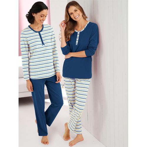 Schlafanzug WÄSCHEPUR, Damen, Gr. 40/42, blau (jeansblau, jeansblau, geringelt), 100% Baumwolle, Langarm, Homewear-Sets