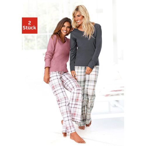 Schlafanzug ARIZONA, Damen, Gr. 52/54, lila (mauve, grau), Single Jersey, Obermaterial: 100% Baumwolle, kariert, unifarben, Basic, lang, Rundhals, Homewear-Sets, mit Hose im Karodesign, Topseller