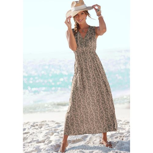Maxikleid BUFFALO, Damen, Gr. 46, N-Gr, grün (khaki, sand), Web, Obermaterial: 100% Viskose, bedruckt, modisch, figurumspielend bodenlang, tiefer V-Ausschnitt, ohne Ärmel, Kleider, im Alloverprint mit V-Ausschnitt und Schlitz, Sommerkleid, Strandkleid