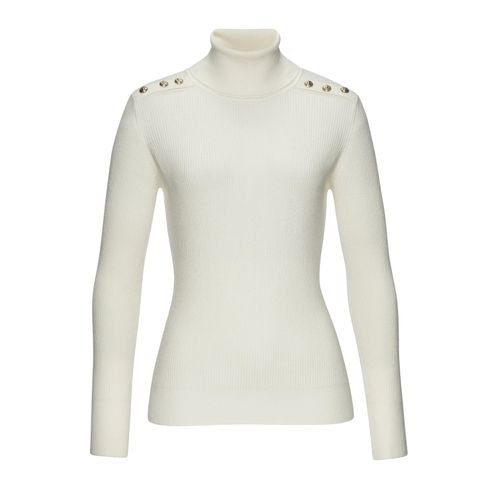 Rollkragenpullover LASCANA, Damen, Gr. 36/38, beige (creme), Strick, Obermaterial: 83% Viskose, 15% Polyamid, 2% Elasthan, unifarben, modisch, figurbetont hüftlang, Langarm, Pullover, mit Zierknöpfen auf den Schultern, Strickshirt, figurbetont, modisch