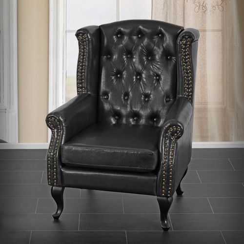 Sessel Relaxsessel Clubsessel Ohrensessel Chesterfield, Kunstleder schwarz ohne Ottomane