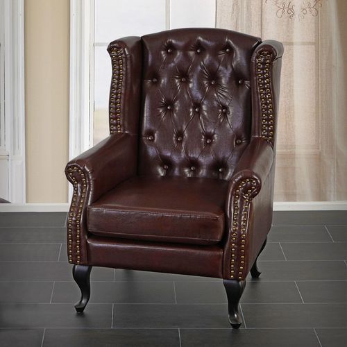 Sessel Relaxsessel Clubsessel Ohrensessel Chesterfield, Kunstleder antik-braun ohne Ottomane