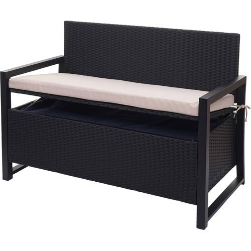 Poly-Rattan 2er Sitzbank HWC-F39, Gartenbank Truhenbank, Staufach Aufbewahrung Sitzkissen anthrazit, Kissen beige