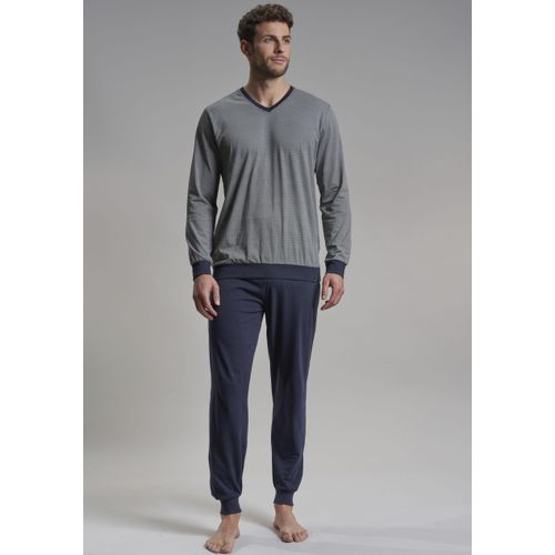 Pyjama BUGATTI, Herren, Gr. 52, blau (blau, dunkel, allover), Single Jersey, Obermaterial: 100% Baumwolle, unifarben, gemustert, casual, schmal lang, V-Ausschnitt, Langarm angesetztes Bündchen, Homewear-Sets, mit modischem V-Ausschnitt