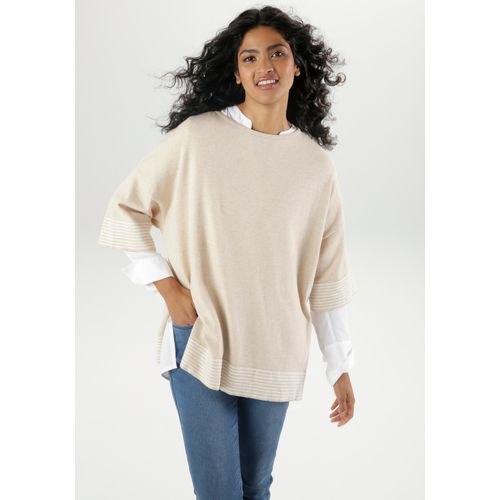 Strickpullover ANISTON SELECTED, Damen, Gr. 1 (34/36/38), beige (beige meliert, sanftes weiß), Feinstrick, Obermaterial: 50% Viskose, 28% Polyester, 22% Polyamid, gestreift, meliert, Basic, lässig geschnitten hüftbedeckend, Rundhals, Halbarm weit, Pullover, im lässigen Poncho-Style