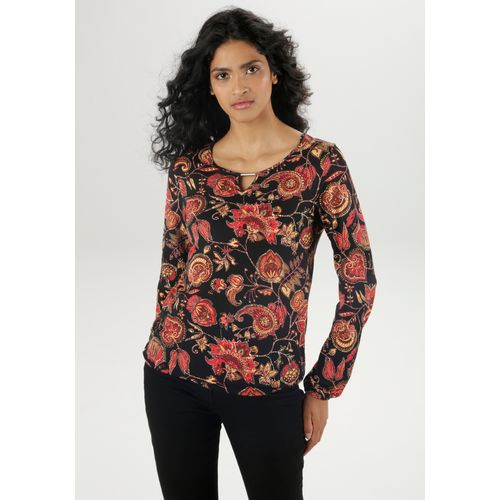 Langarmshirt ANISTON SELECTED Gr. 38, bunt (schwarz, rot, curry, braun, lachsfarben, beige, olivgrün) Damen Shirts mit Paisley-Print und Cut-Out