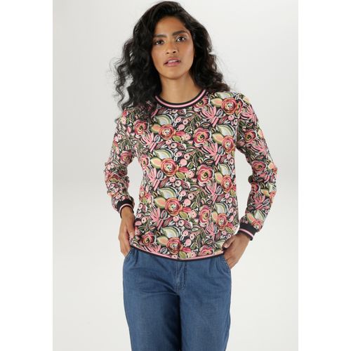 Shirtbluse ANISTON SELECTED Gr. 38, bunt (schwarz-olivgrün-rosa-rot-hellblau-weiß-mais) Damen Blusen mit malerischem Blumendruck und gestreiften Bündchen