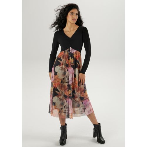Midikleid ANISTON SELECTED, Damen, Gr. 40, N-Gr, bunt (schwarz, mauve, orange, braun, ocker, lila), Single Jersey, Mesh, Obermaterial: 95% Polyester, 5% Elasthan. Futter: 100% Polyester. Rock: 95% Polyester, 5% Elasthan, bedruckt, geblümt, feminin, figurumspielend Midi, V-Ausschnitt, Langarm, Kleider, mit Raffung am V-Ausschnitt