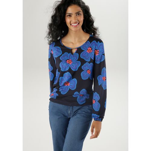 Langarmshirt ANISTON SELECTED, Damen, Gr. 44, blau (schwarz, blau, lila, ocker, rosa), Single Jersey, Obermaterial: 95% Viskose, 5% Elasthan, bedruckt, geblümt, feminin, figurumspielend hüftbedeckend, Rundhals, Langarm mit Gummizug, Shirts, mit plakativem Blütendruck