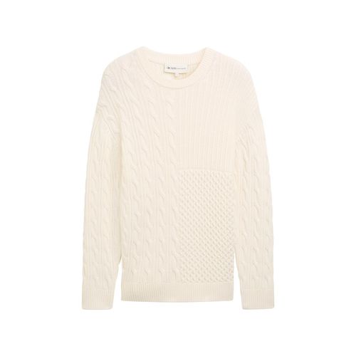 TOM TAILOR DENIM Herren Relaxed Pullover mit Zopfmuster, weiß, Uni, Gr. S Image