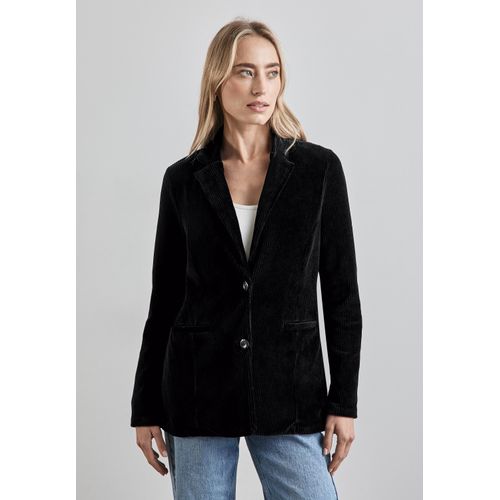 Kurzblazer STREET ONE, Damen, Gr. 36, schwarz, Cord, 67% Baumwolle, 28% Polyester, 5% Elasthan, unifarben, casual, normal normal, V-Ausschnitt, Langarm Bündchen, Blazer, mit Reverskragen