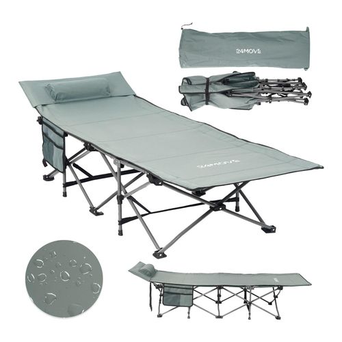 24MOVE® Feldbett Campingbett bis 150 kg In-und Outdoor Camping faltbar mit Seitentasche und Kissen