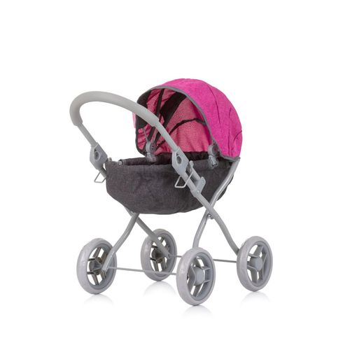Chipolino Puppenwagen Daisy klappbar, Sonnendach, vier große Räder, ab 3 Jahren grau pink
