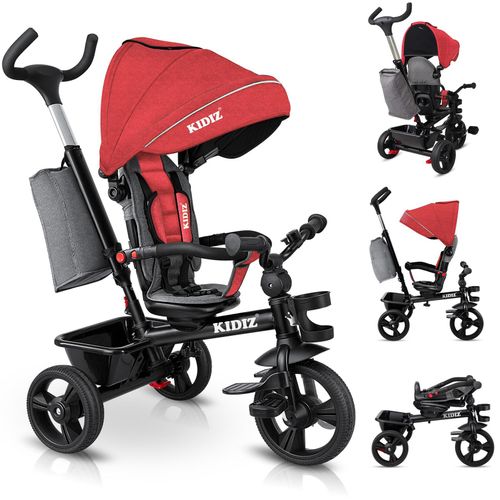 KIDIZ® Dreirad 5in1 Kinderdreirad mit Schubstange Lenksystem Stange ab 1 Jahr vorwärts und Rückwärtsfahrt Jogger , Korb Tasche Getränkehalter Sonnendach Gummiräder, Buggy Fahrrad Baby Klappbar