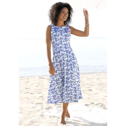 Midikleid BEACHTIME, Damen, Gr. 42, N-Gr, blau (blau, creme, bedruckt), Jersey, Obermaterial: 70% Viskose, 25% Polyester, 5% Elasthan, bedruckt, geblümt, modisch, figurumspielend ca. Mitte Wade, Rundhals, ohne Ärmel, Kleider, mit Blumendruck, aus Jersey, A-Linien-Kleid, Topseller