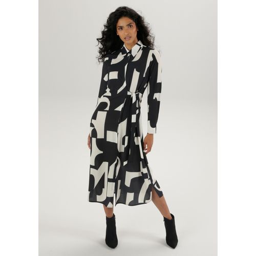 Midikleid ANISTON SELECTED, Damen, Gr. 46, N-Gr, schwarz-weiß (schwarz, sanftes weiß), Cru00eape, Obermaterial: 97% Polyester, 3% Elasthan, bedruckt, modisch, figurumspielend Midi, Langarm 2-Knopf-Manschette, Kleider, Hemdblusenkleid mit seitlichem Bindedetail