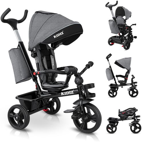KIDIZ® Dreirad 5in1 Kinderdreirad mit Schubstange Lenksystem Stange ab 1 Jahr vorwärts und Rückwärtsfahrt Jogger , Korb Tasche Getränkehalter Sonnendach Gummiräder, Buggy Fahrrad Baby Klappbar