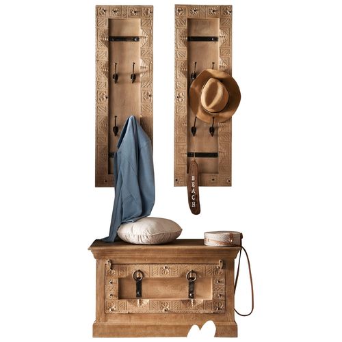 Garderoben-Set SIT, beige (natur), 1 Schuhschrank, 2 Garderobenpaneele, Massivholz, Kastenmöbel-Sets, Front mit aufwändigen Schnitzereien, Ringgriffe & Beschläge aus Metall