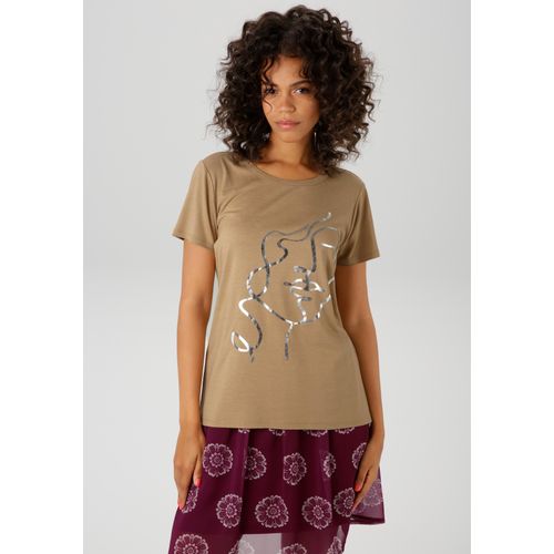 T-Shirt ANISTON CASUAL Gr. 46, beige (beige-silberfarben) Damen Shirts mit abstraktem Gesicht aus glänzendem Folienprint