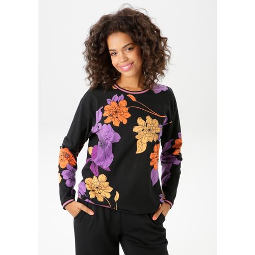 Sweatshirt ANISTON CASUAL Gr. 48, schwarz, lavendel, orange, mais, fuchsia Damen Sweatshirts mit großflächigen Blumen bedruckt - NEUE KOLLEKTION