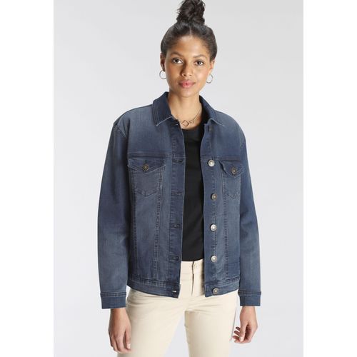 Jeansjacke AJC, Damen, Gr. 32, blau (blau denim), Obermaterial: 98% Baumwolle, 2% Elasthan, modisch, oversize hüftlang, 2-Naht-Ärmel 1-Knopf-Manschette, Jacken, im Oversize-Look