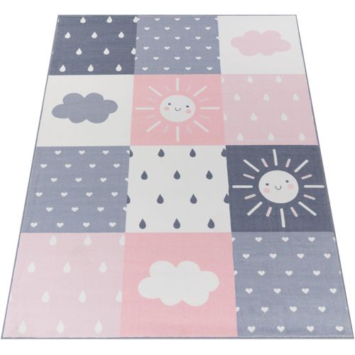 Kinderteppich PACO HOME "Eliz 393" Teppiche Gr. B: 160cm, 12mm, L: 220cm, rosa Kinder Kurzflor, Spielteppich, Patchwork-Muster, Motiv Sonne, Wolken, Herz