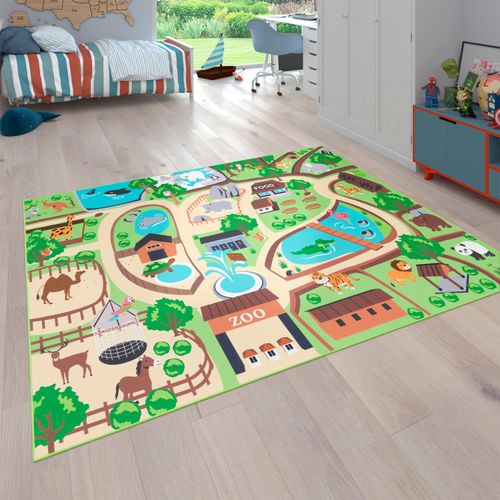 Kinderteppich PACO HOME "Bino 563" Teppiche Gr. B: 140cm, 4mm, L: 200cm, beige Kinder Kurzflor, Straßen-Spiel-Teppich, Motiv Zoo, Kinderzimmer