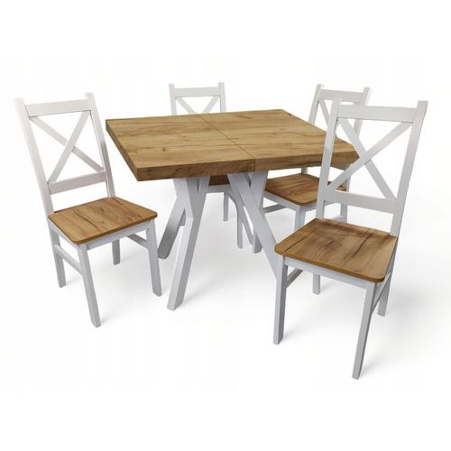Tisch + 4 Stühle Weiß + Eiche Craft Quadrat 90x90 ausziehbar auf 190 cm