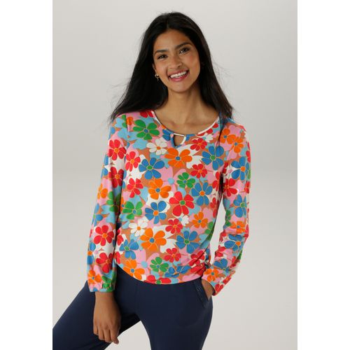 Langarmshirt ANISTON SELECTED, Damen, Gr. 38, bunt (orange, beige, rot, camel, blau, hellblau, rosa, grün, zimt), Single Jersey, Obermaterial: 95% Viskose, 5% Elasthan, geblümt, gemustert, casual, figurumspielend, Rundhals, Langarm elastischer Bund mit Gummizug, Shirts, mit Cut-out und farbenfrohem Blütendruck - NEUE KOLLEKTION