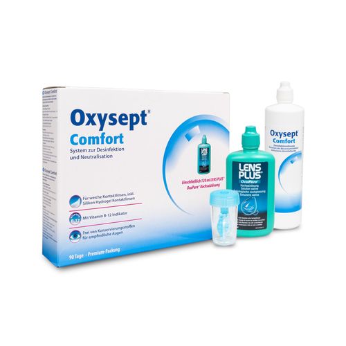 Oxysept Comfort (3x300 ml + 90 Tabletten + 120 ml Kochsalzlösung + 1 Behälter) Peroxidlösung, Pflegemittel