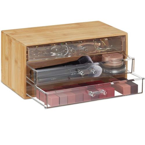 Kosmetik Organizer, 3 Schubladen, Make Up & Schmuckaufbewahrung, hbt 15x30x17,5cm, Bambus Schubladenbox, natur - Relaxdays