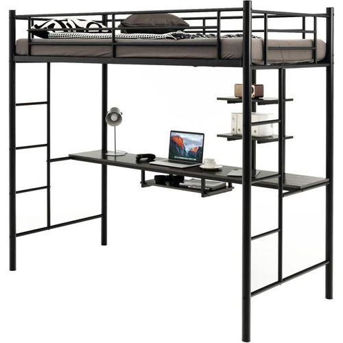 Hochbett mit Schreibtisch, Etagenbett mit 2 Leitern, Stockbett aus Metall, Bettrahmen für Teenager und Erwachsene (Schwarz) - Costway