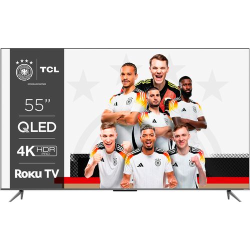 F (A bis G) TCL QLED-Fernseher Fernseher HDR Pro, HDR10+, Dolby Vision, Game Master, HDMI 2.1, ONKYO Sound Gr. 55, silberfarben