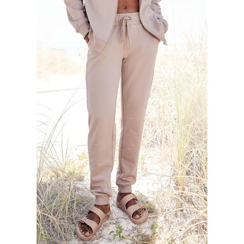 Sweathose LASCANA, Damen, Gr. 44/46, N-Gr, braun (hellbraun), Sweatware, Obermaterial: 100% Baumwolle, bestickt, unifarben, casual, bequem normal, Hosen, aus organischer Baumwolle, Loungewear