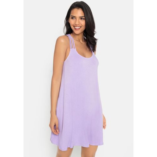 Strandkleid LASCANA, Damen, Gr. 36, N-Gr, lila (flieder), Jersey, Obermaterial: 95% Viskose, 5% Elasthan, unifarben, modisch, figurumspielend Po-bedeckend, Rundhals, ohne Ärmel, Kleider, mit besonderem Trägerdesign, kurzes Sommerkleid