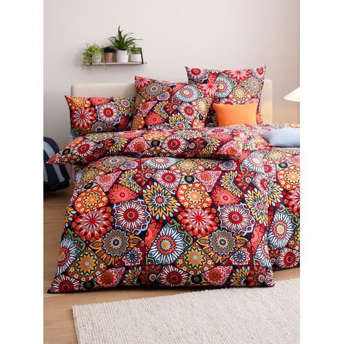 Bettwäsche WÄSCHEPUR Gr. 5, bunt (schwarz, rot, bedruckt), B/L: 135cm x 200cm, , Renforcé, B/L: 80cm x 40cm, Renforcu00e9, 100% Baumwolle, Bettwäsche