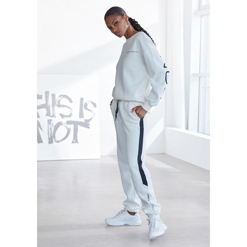 Sweathose FRENCH CONNECTION, Damen, Gr. 40/42, N-Gr, weiß (off, weiß), Sweatware, Obermaterial: 60% Baumwolle, 40% Polyester, unifarben mit Farbeinsatz, sportlich, lässig geschnitten lang, Hosen, mit seitlichen Kontrast-Einsätzen, Loungewear
