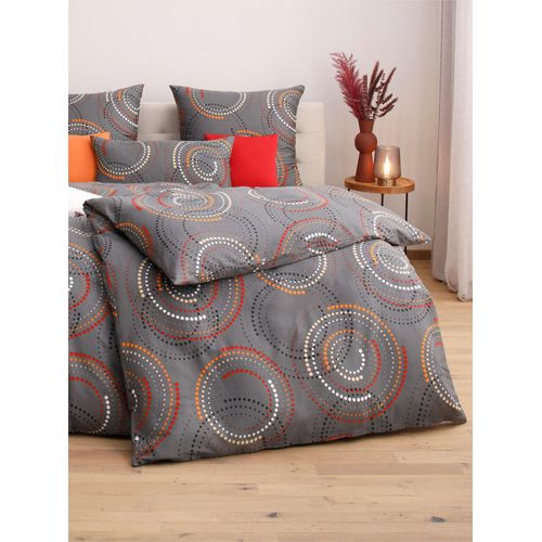 Bettwäsche WÄSCHEPUR Gr. 5, grau (anthrazit, rot, bedruckt), B/L: 135cm x 200cm, , Mako-Satin, B/L: 80cm x 40cm, Mako-Satin, 100% Baumwolle, Bettwäsche