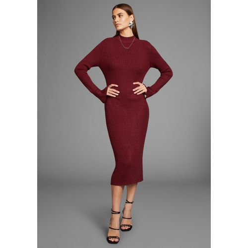 Strickkleid HECHTER PARIS, Damen, Gr. 38, N-Gr, rot, Rippstrick, Obermaterial: 70% Viskose, 30% Polyamid, feminin, skinny fit wadenlang, hoch geschlossener Ausschnitt, Langarm abgerundeter Saum mit Schlitzen, Kleider, wadenlang, elegant, aus Viskosemischung, Langarm