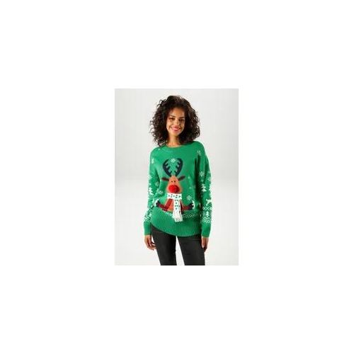 Weihnachtspullover ANISTON CASUAL Gr. 48, grün-weiß-hellbraun-rost-marine Damen Pullover mit Bommel-Nase und Fransenschal Bestseller