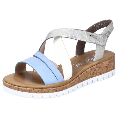 Keilsandalette RIEKER Gr. 39, blau (hellblau-offwhite-silberfarben) Damen Schuhe Plateau, Sommerschuh, Riemchensandale mit Metallic, G-Weite