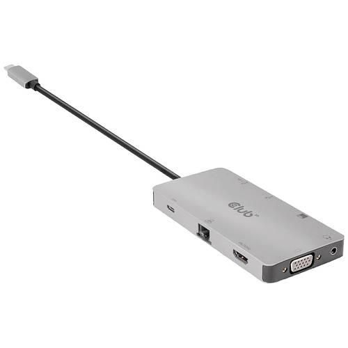 club3D CSV-1594 9 Port USB 3.1 Gen 1-Hub mit eingebautem Netzwerk-Anschluss, mit eingebautem SD-Kartenleser, mit USB-C® Stecker Silber