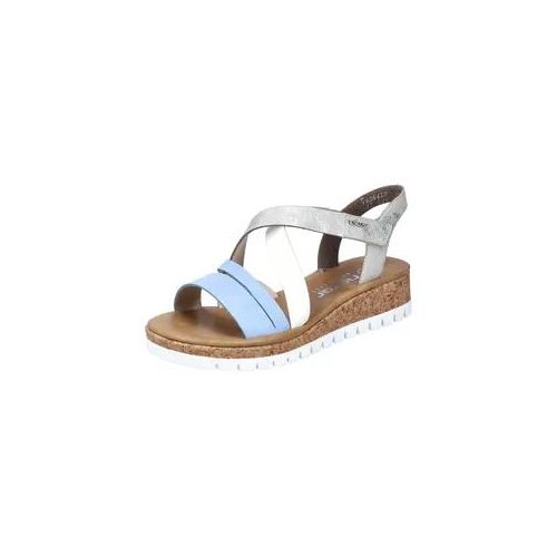 Keilsandalette RIEKER Gr. 39, blau (hellblau-offwhite-silberfarben) Damen Schuhe Plateau, Sommerschuh, Riemchensandale mit Metallic, G-Weite