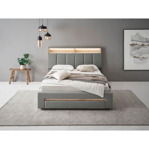 Polsterbett INOSIGN "CiTY/GiRON,, gepolstertes Stauraumbett, mit LED Beleuchtung" Betten Gr. Webstoff Schublade mit Hundebett LED-Leuchtmittel, Liegefläche B/L: 140cm x 200cm Betthöhe: 37cm, kein Härtegrad, silberfarben (silbergrau) Bettkasten mit Hundebett oder als Stauraum, klappbare Kopfteile