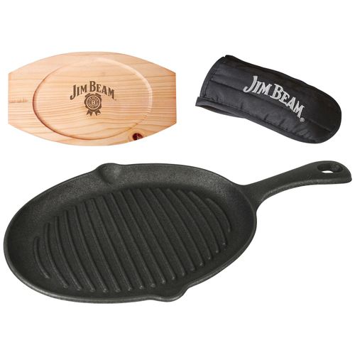 Grillpfanne JIM BEAM BBQ Pfannen Gr. Höhe 2cm, schwarz (schwarz, natur) 4 Stk., inkl. Griffüberzug und Holzuntersetzer